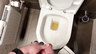 Hairy guy in suit pissing and jerking off at office toilet and cum into restroom's sink - 4 image