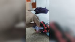 Having fun with wifes socks with cumshot - 4 image