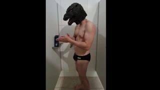 Godzilla After swim speedo wank in pool showers - 1 image