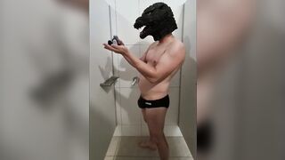 Godzilla After swim speedo wank in pool showers - 2 image