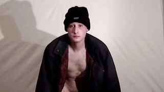Kudoslong exhibitionist twink boy posing in just a coat and hat shows you his semi-erect cock - 2 image
