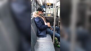 Jerking off in public on city bus with cumshot - 10 image