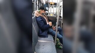 Jerking off in public on city bus with cumshot - 9 image