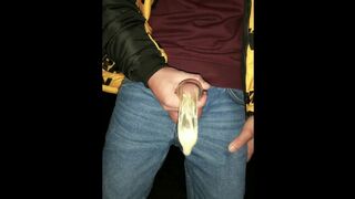 Twink fills cum filled condom even more and SWALLOWS all that cum - 1 image