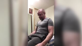 Muscle Daddy with big cock pumps up and flexes his big biceps and cums on compression top - 2 image
