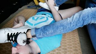 Twink in jeans and sweaty socks gives me footjob - 3 image