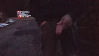 Guy plays with his dick in public and cums [after sunset, low quality] - 1 image