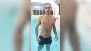 Blue wet boxers fine-looking young hot guy shows off at the pool - 5 image