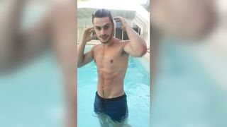 Blue wet boxers fine-looking young hot guy shows off at the pool - 8 image