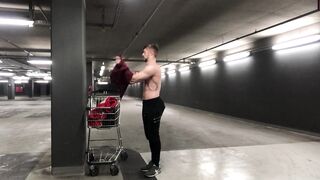 German boy guy Public parking garage naked outdoor cum jerk off masturbation small dick cock big muscle athletic young - 3 image