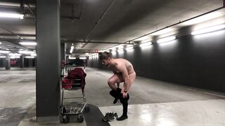 German boy guy Public parking garage naked outdoor cum jerk off masturbation small dick cock big muscle athletic young - 4 image