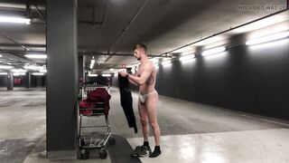 German boy guy Public parking garage naked outdoor cum jerk off masturbation small dick cock big muscle athletic young - 5 image