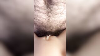 Close-up of my hairy uncut white dick fucking pussy (sex toy) on the table until I give it a messy creampie - 4 image