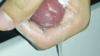 Playing little cock at the hand basins during office rest time in toilet for cumshot with provided handwash shampoo - 3 image
