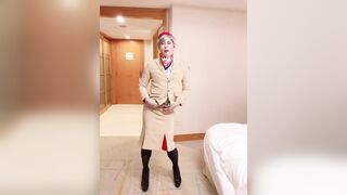 Asian sissy dancing and striping in Emirates cabin crew uniform - 2 image