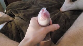Jerking my hard uncut cock into roommates used condom. I don't even last a minute before emptying my balls into it - 10 image