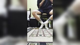 Cute twink showing his dirty white socks, while he listening to music and singing. - 4 image