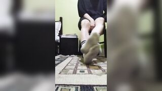 Cute twink showing his dirty white socks, while he listening to music and singing. - 8 image