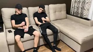 Straight jerk off with twink gay friend in sportswear (blowjob and cum in mouth) - 1 image