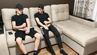 Straight jerk off with twink gay friend in sportswear (blowjob and cum in mouth) - 2 image