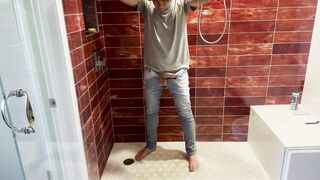 Barefoot in Jeans Pissing Myself and Showing Dick and Ball - 10 image