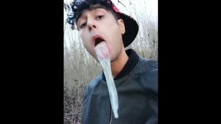 Twink uses cum filled condom after fuck like bubble gum and puts on a condom on his tongue - 1 image