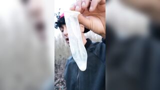 Twink uses cum filled condom after fuck like bubble gum and puts on a condom on his tongue - 2 image