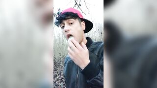 Twink uses cum filled condom after fuck like bubble gum and puts on a condom on his tongue - 3 image