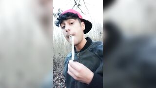 Twink uses cum filled condom after fuck like bubble gum and puts on a condom on his tongue - 4 image