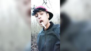 Twink uses cum filled condom after fuck like bubble gum and puts on a condom on his tongue