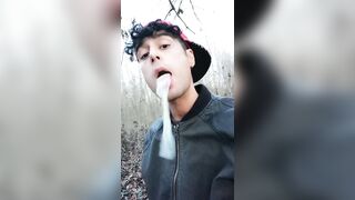 Twink uses cum filled condom after fuck like bubble gum and puts on a condom on his tongue - 9 image