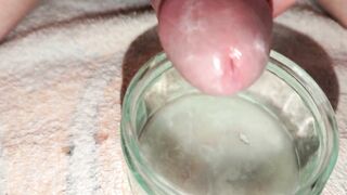 Edging lubed up cock leaking s, then releasing big mighty huge load in glass bowl, super extreme close-up cumshot, sperm - 7 image