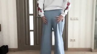 Palazzo wide leg flared blue jeans and white hoodie with roses print on tranny crossdresser femboy - 4 image