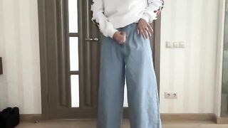 Palazzo wide leg flared blue jeans and white hoodie with roses print on tranny crossdresser femboy - 7 image