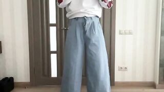 Palazzo wide leg flared blue jeans and white hoodie with roses print on tranny crossdresser femboy - 9 image