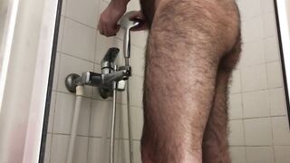 Very hairy man have a shower massage dick and ball and butt - 2 image