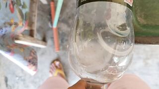 Malleable stick in the disinfectant bottle of the young straight slave.