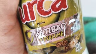 Malleable stick in the disinfectant bottle of the young straight slave.