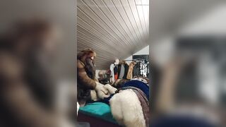 German man have fun in his fur bed