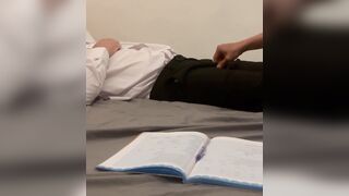 Teacher and student. Old teacher gets first time helping hand from young 18 virgin student handjob with big hot cum. - 2 image