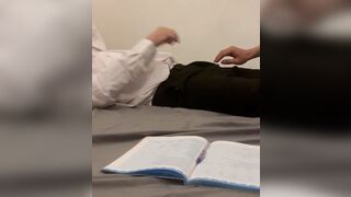Teacher and student. Old teacher gets first time helping hand from young 18 virgin student handjob with big hot cum. - 3 image