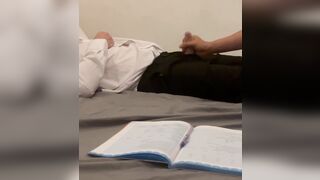 Teacher and student. Old teacher gets first time helping hand from young 18 virgin student handjob with big hot cum. - 4 image