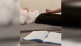 Teacher and student. Old teacher gets first time helping hand from young 18 virgin student handjob with big hot cum. - 5 image