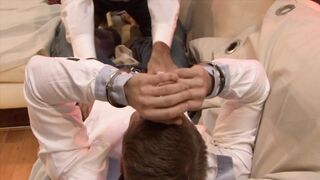 While wearing the cuffs he has been fucked on the sofa by