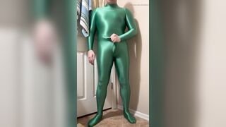 Green Amoresy Spandex Suit, Sexual Jerk Off with Condom and Cum