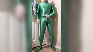 Green Amoresy Spandex Suit, Sexual Jerk Off with Condom and Cum