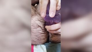 Hairy solo anal training with purple dildo