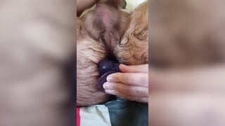 Hairy solo anal training with purple dildo