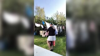 In attire with a schoolgirl dress to gather laundry and for an evening out.