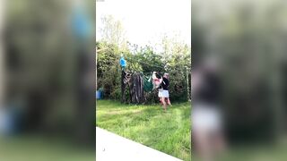 In attire with a schoolgirl dress to gather laundry and for an evening out.
